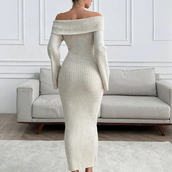 Apricot Elegant Women's Off Shoulder Sweater Maxi Dress - Picture 2 of 7